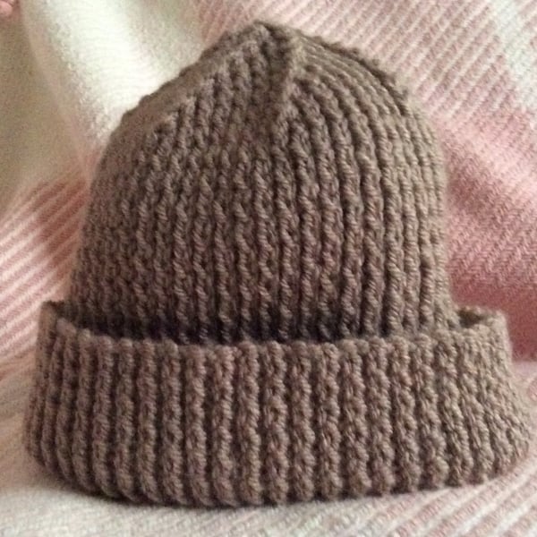 Adult Hat Hand Knitted Light Brown Beanie