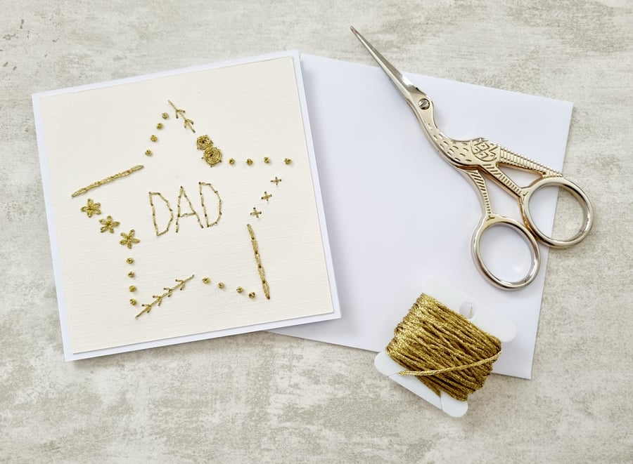 Gold Dad Embroidered Card, Dad Hand Stitched Card, Dad Birthday, Father's Day