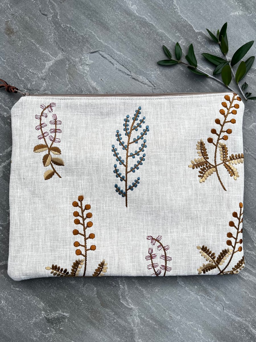 Soft embroidered linen large zip pouch project bag travel pouch 
