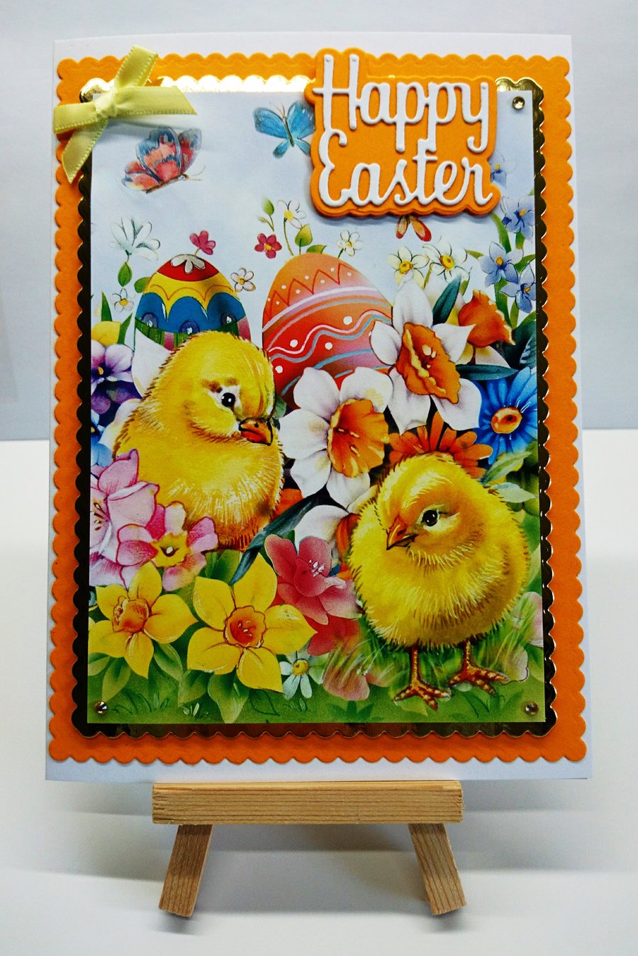 Happy Easter Card Chicks with Daffodils Eggs Spring Flowers