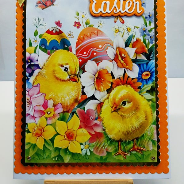 Happy Easter Card Chicks with Daffodils Eggs Spring Flowers