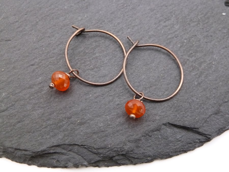 copper hoop earrings, carnelian gemstone jewellery