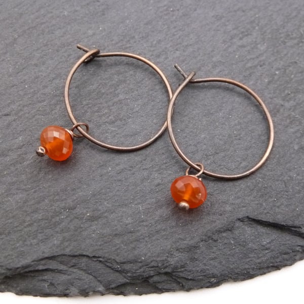 copper hoop earrings, carnelian gemstone jewellery