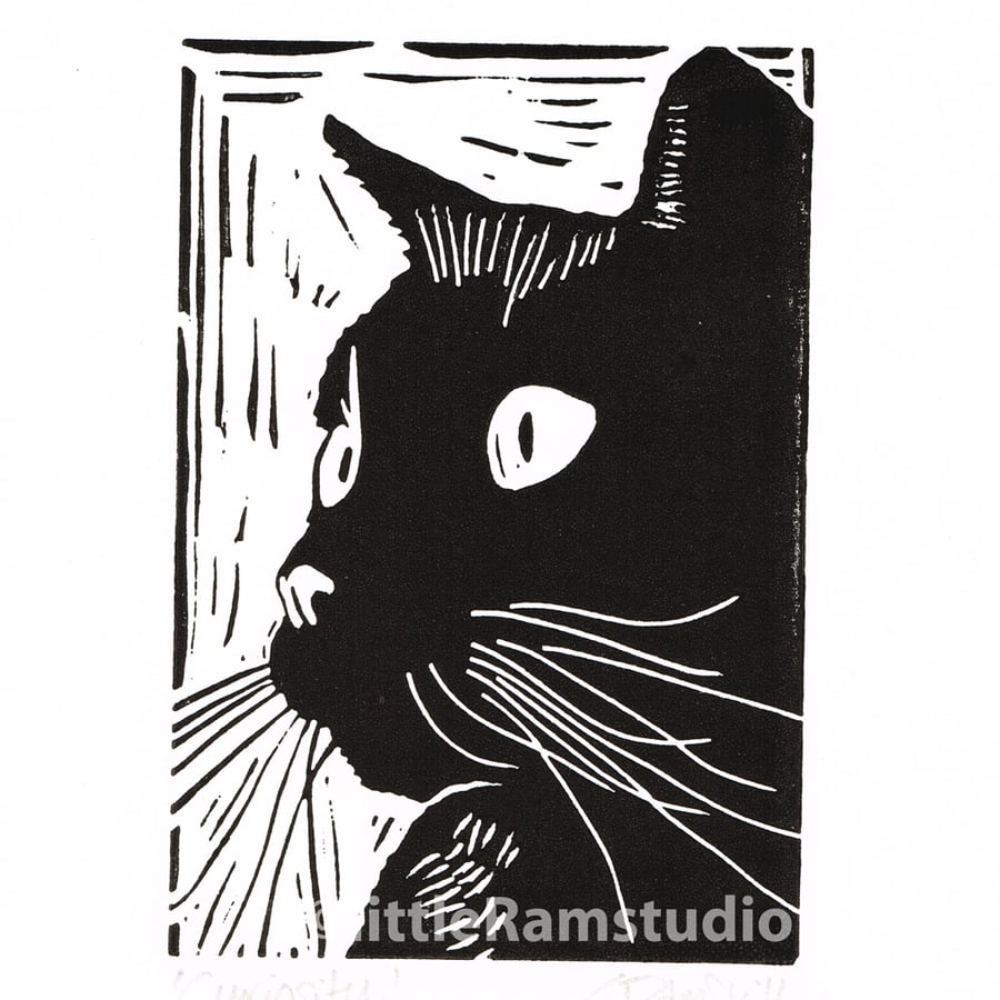Black Cat - titled Curiosity - Linocut Print - Folksy