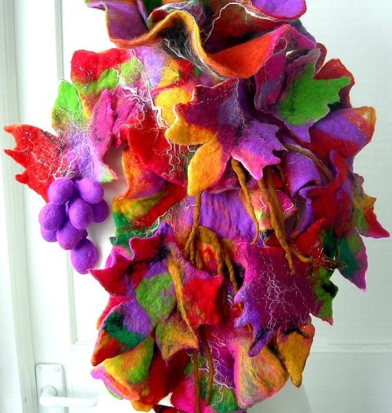 Hand Felted, Wool Jewelry felted SCARF -100% WOOL MERINO-RED  VINE-