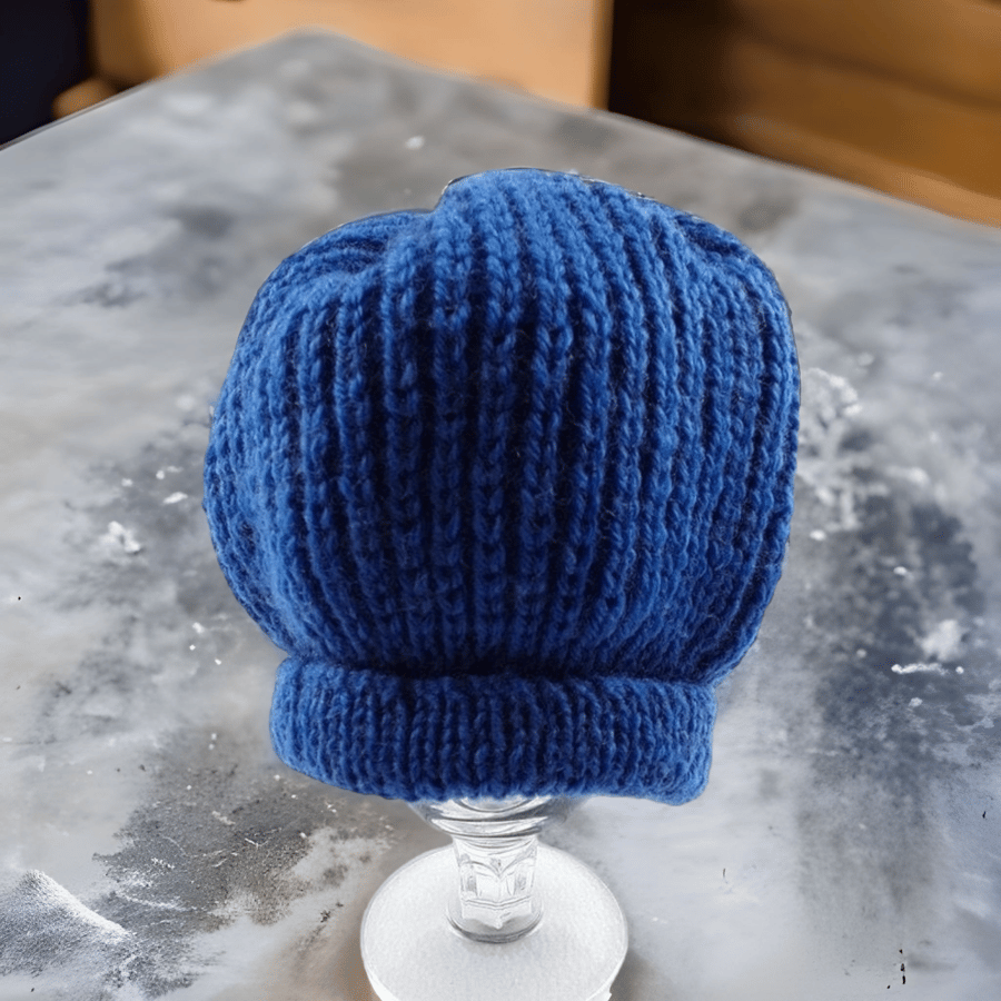 Hand knitted baby ribbed hat in blue 17 inch head 6 - 12 months Seconds Sunday