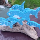 SHOAL OF 5 BLUE & WHITE FISH ORNAMENT MADE FROM NATURAL DRIFTWOOD FROM CORNWALL