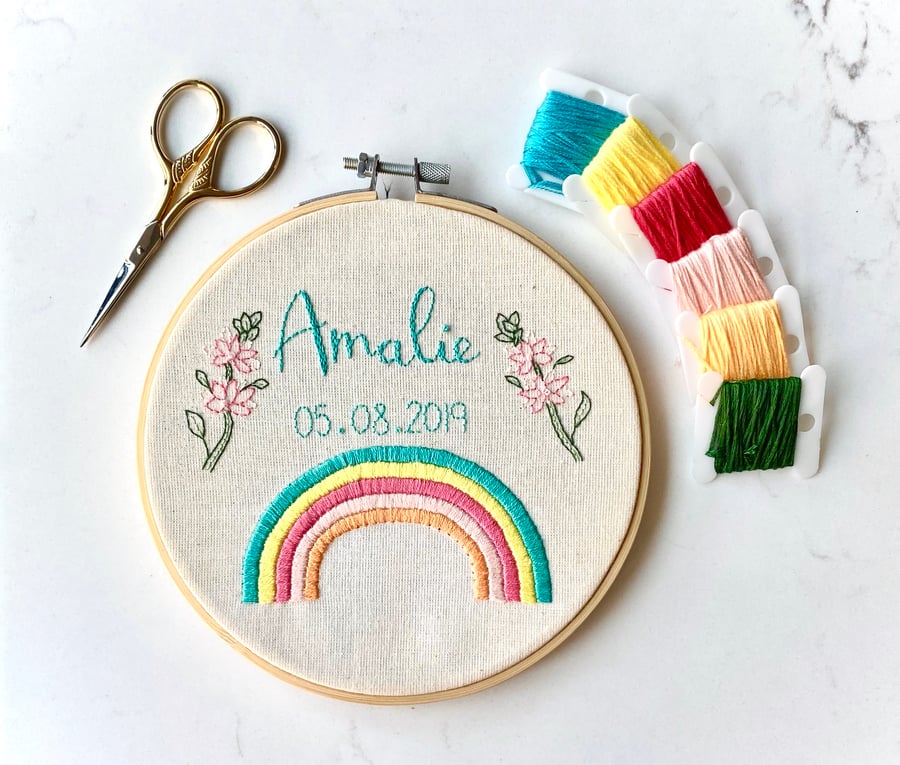 Rainbow, Name & Date, Handmade Embroidery Hoop, Personalised Embroidery