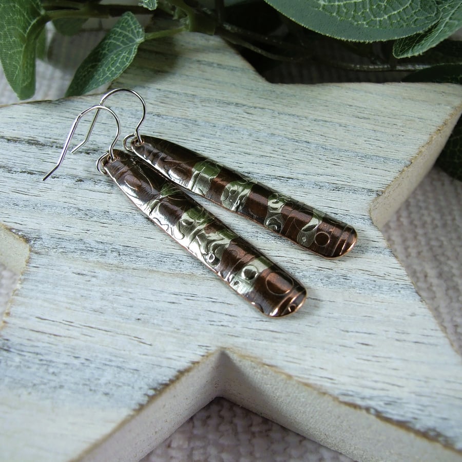 Earrings, Sterling Silver and Copper Long Patterned Droppers