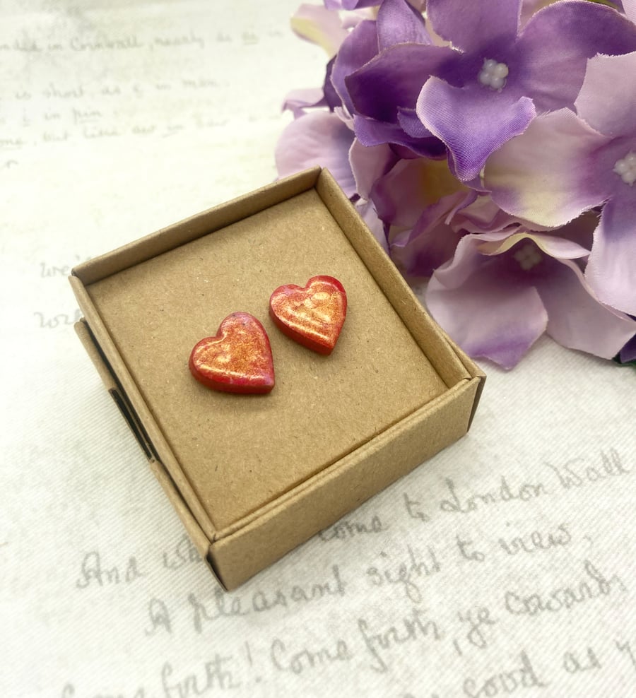 Perfectly Imperfect Mini love heart wood stud earrings Red pink fire opal luster