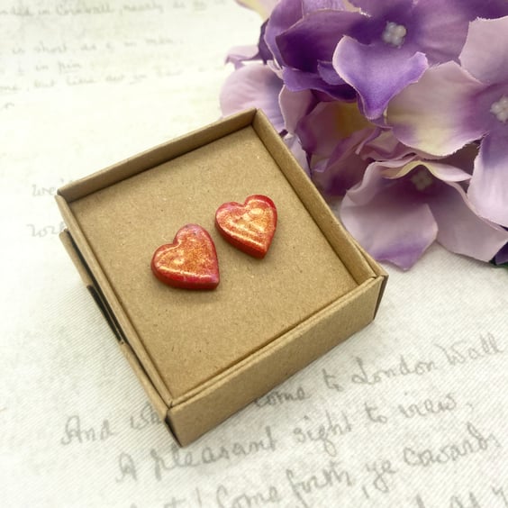 Perfectly Imperfect Mini love heart wood stud earrings Red pink fire opal luster