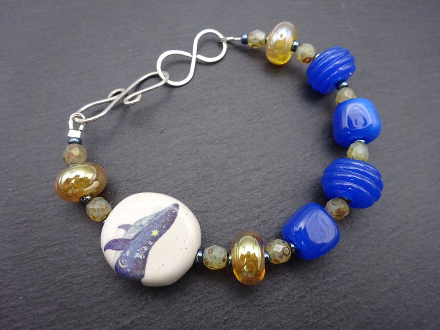 blue lampwork glass bracelet, ceramic whale jewellery