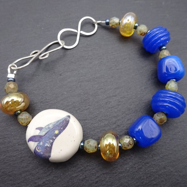 blue lampwork glass bracelet, ceramic whale jewellery