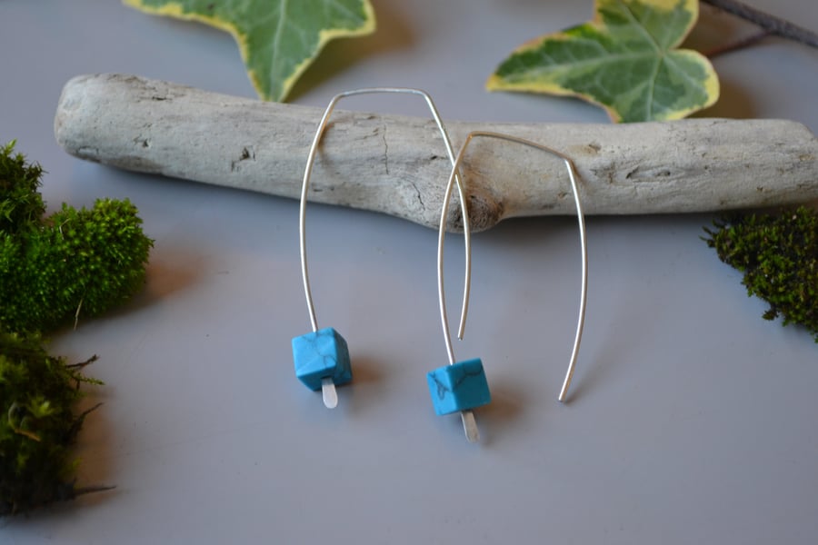 Turquoise silver cube threader Earrings