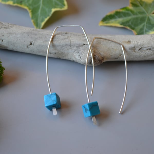 Turquoise silver cube threader Earrings