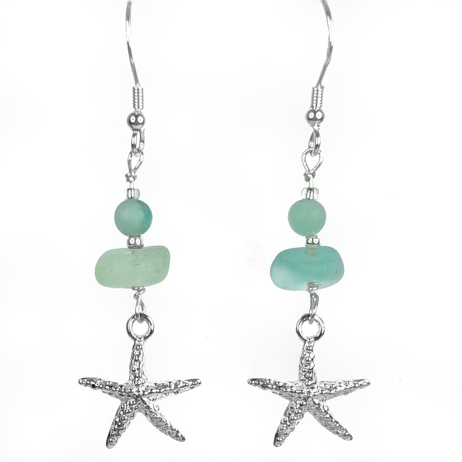 Starfish Earrings. Green Sea Glass & Amazonite Crystal Beads - Silver Jewellery