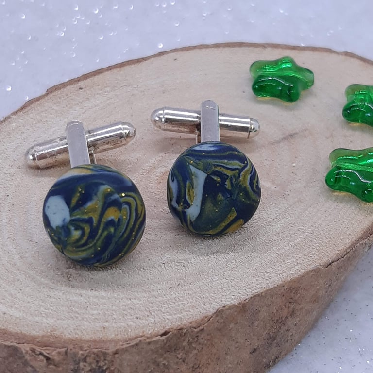 Cufflinks in blue swirl polymer clay with a touch of sparkle