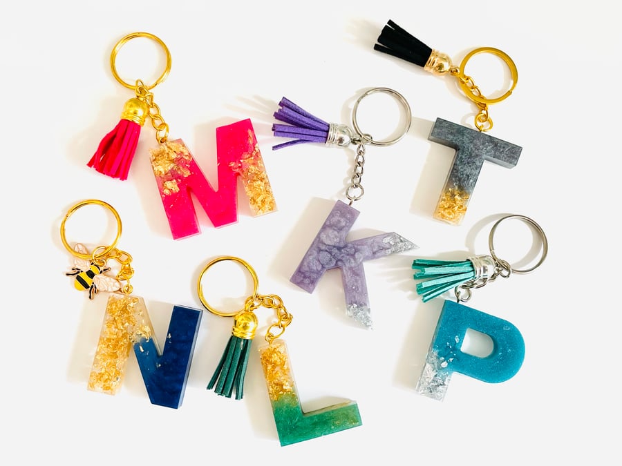 Personalised initial keyring, book bag charm, gift for him, stocking fillers