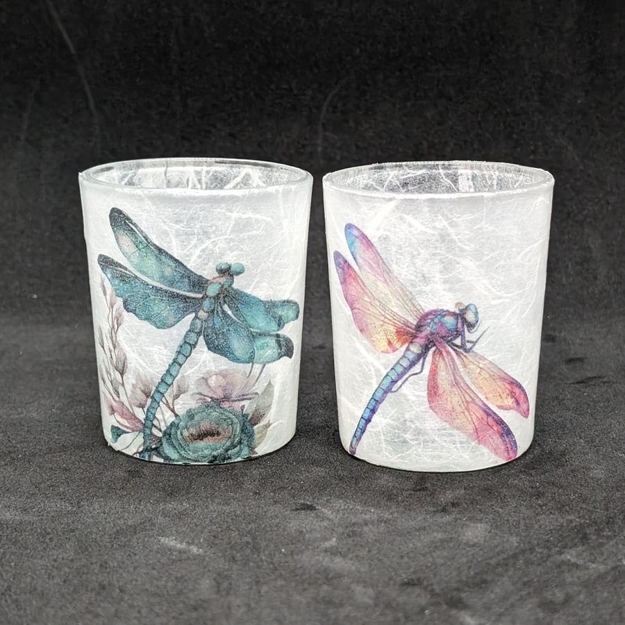 Set of decoupage glass tealights holders with a dragonfly design