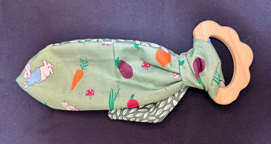 Baby teether, Peter Rabbit, Cotton bunny ears, wooden rabbit ear teether.  