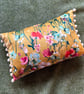 Yellow floral velvet cushion cover with blush pink cotton back and pompoms - Image 7