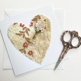 Up-cycled vintage lace embroidered heart card with rose and key. 