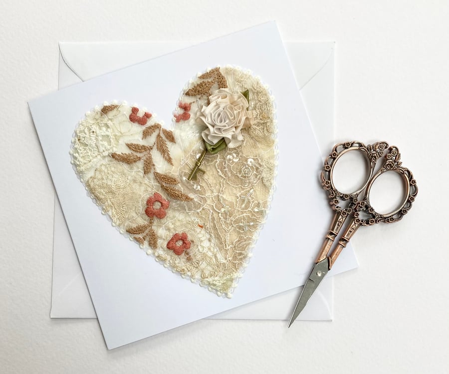 Up-cycled vintage lace embroidered heart card with rose and key. 
