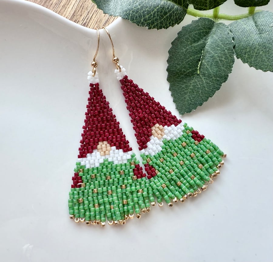 Handmade Christmas tree snow-gnome fringe earrings 