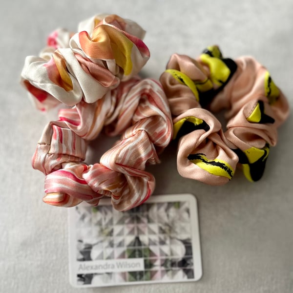 100% pure silk scrunchies. Digitally printed design - Mix & Match set of 3 Pink