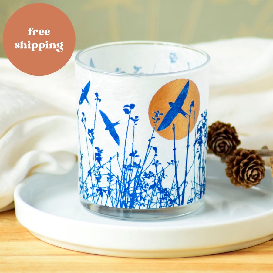 Gold Collection Swallow Meadow Cyanotype candle holder, garden birds
