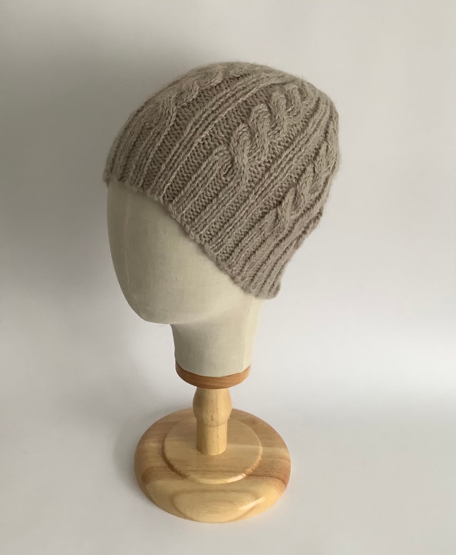 BEANIE HAT .' Towpath' . Luxurious baby Alpaca, Merino wool. Cabled . Beige. 
