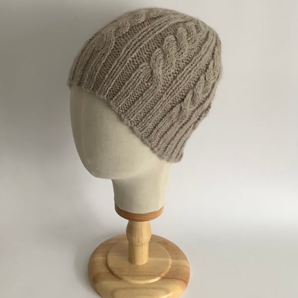BEANIE HAT .' Towpath' . Luxurious baby Alpaca, Merino wool. Cabled . Beige. 