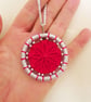 Christmas Decoration, Dorset Button, Red, Silver, Beads, Handmade - Image 3