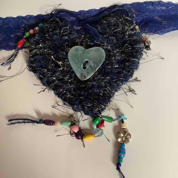 Blue and gold woolly hanging decorated heart
