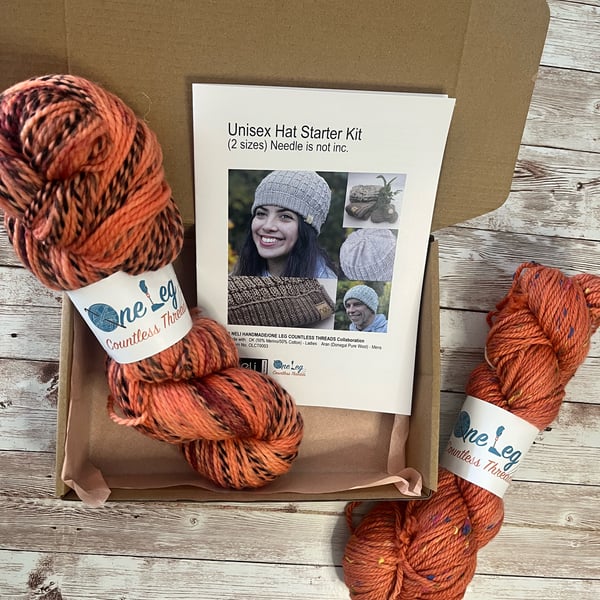 Hat knitting kit with one skein of hand dyed yarn