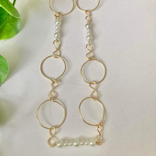 Gold Ring Design Necklace With  White Pearl Beads - 18”
