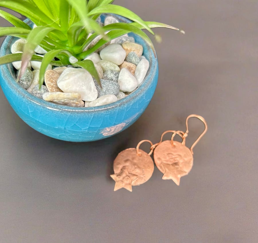 Celestial Moon Earrings  - Textured Copper