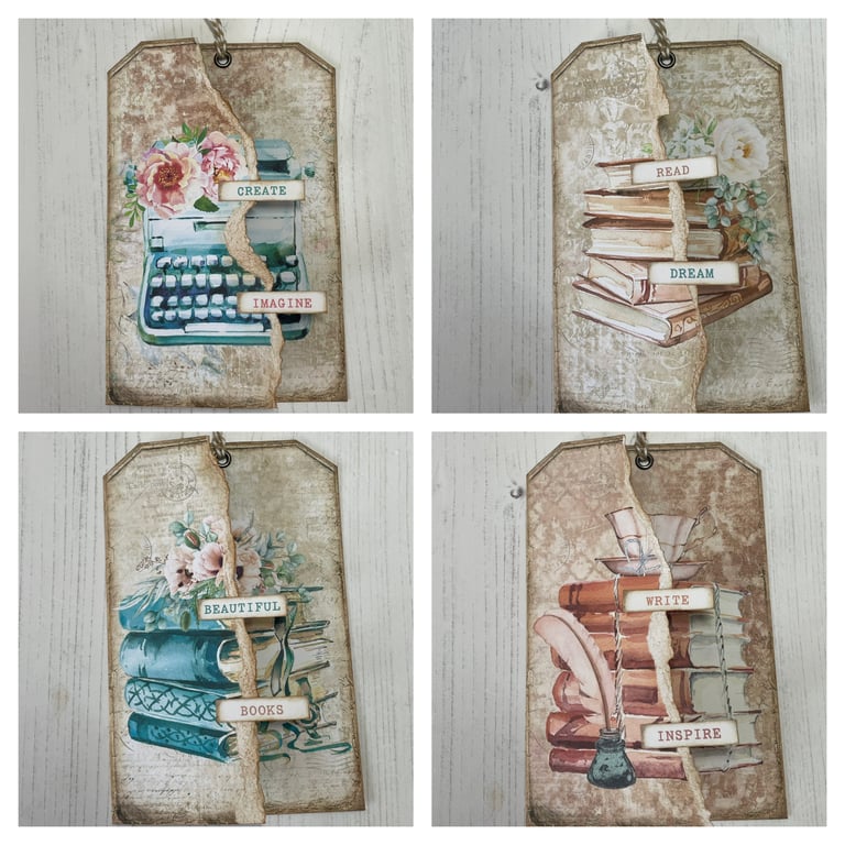 Ephemera - Set of 4 vintage style torn tags by Carolee Craft PB8 - 0015