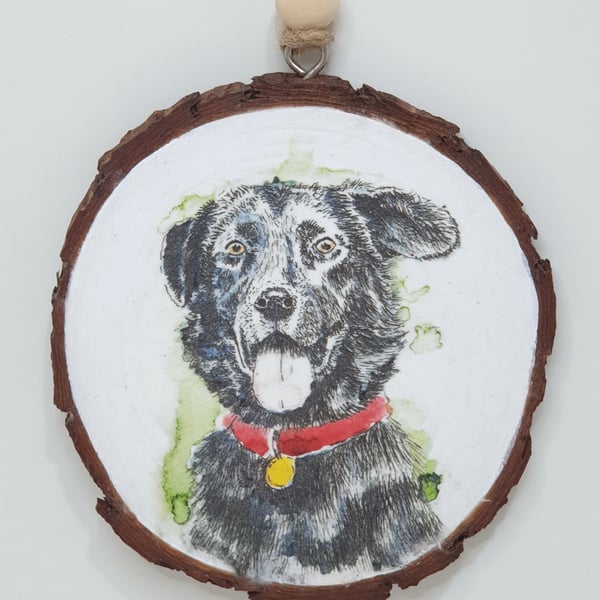 Black dog log slice hanging decoration, wooden gift for a dog lover 