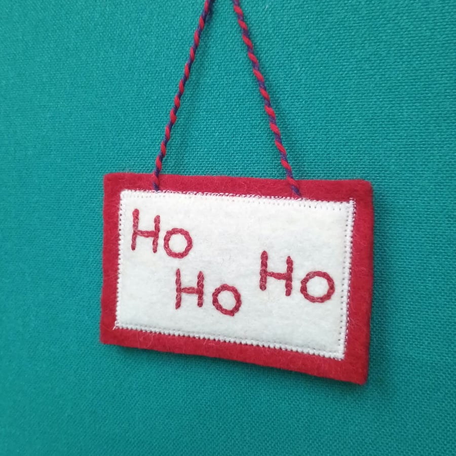 Ho Ho Ho Christmas decoration hand embroidered felt in red and white 