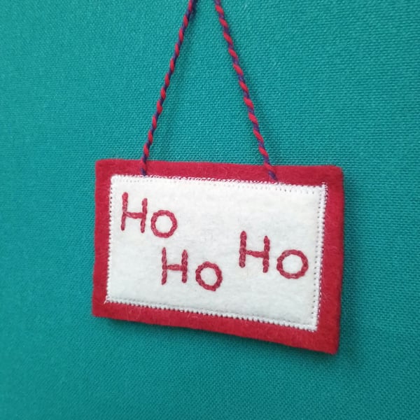 Ho Ho Ho Christmas decoration hand embroidered felt in red and white 