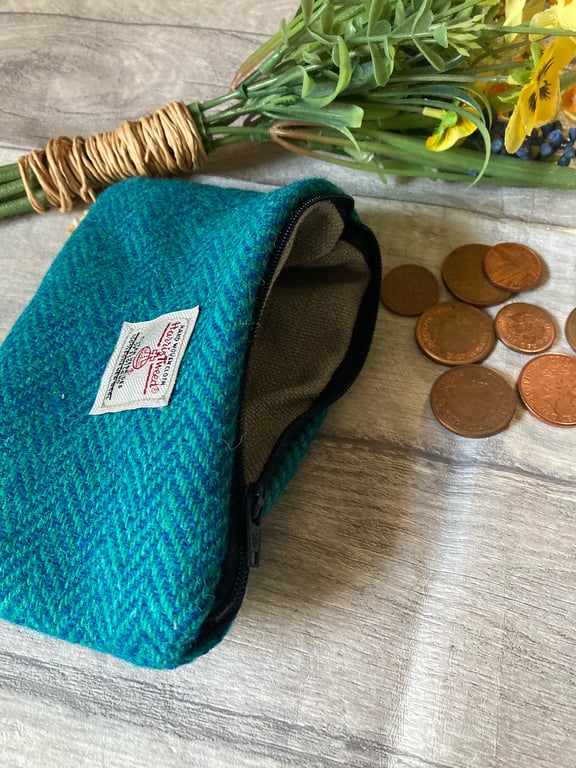 Harris Tweed Coin Purse Teal Herringbone