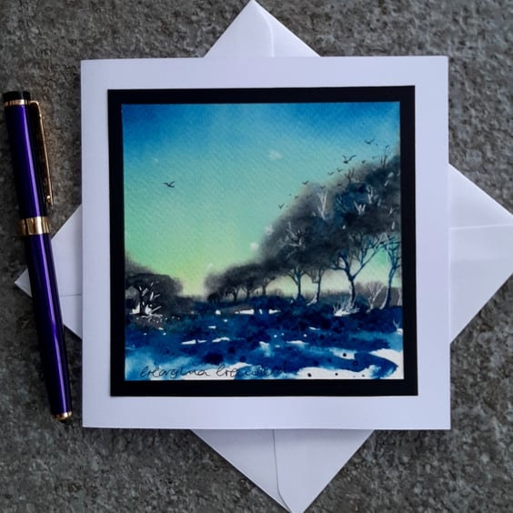 Handpainted Blank Card. Winter Sunset. The Card That's Also a Keepsake