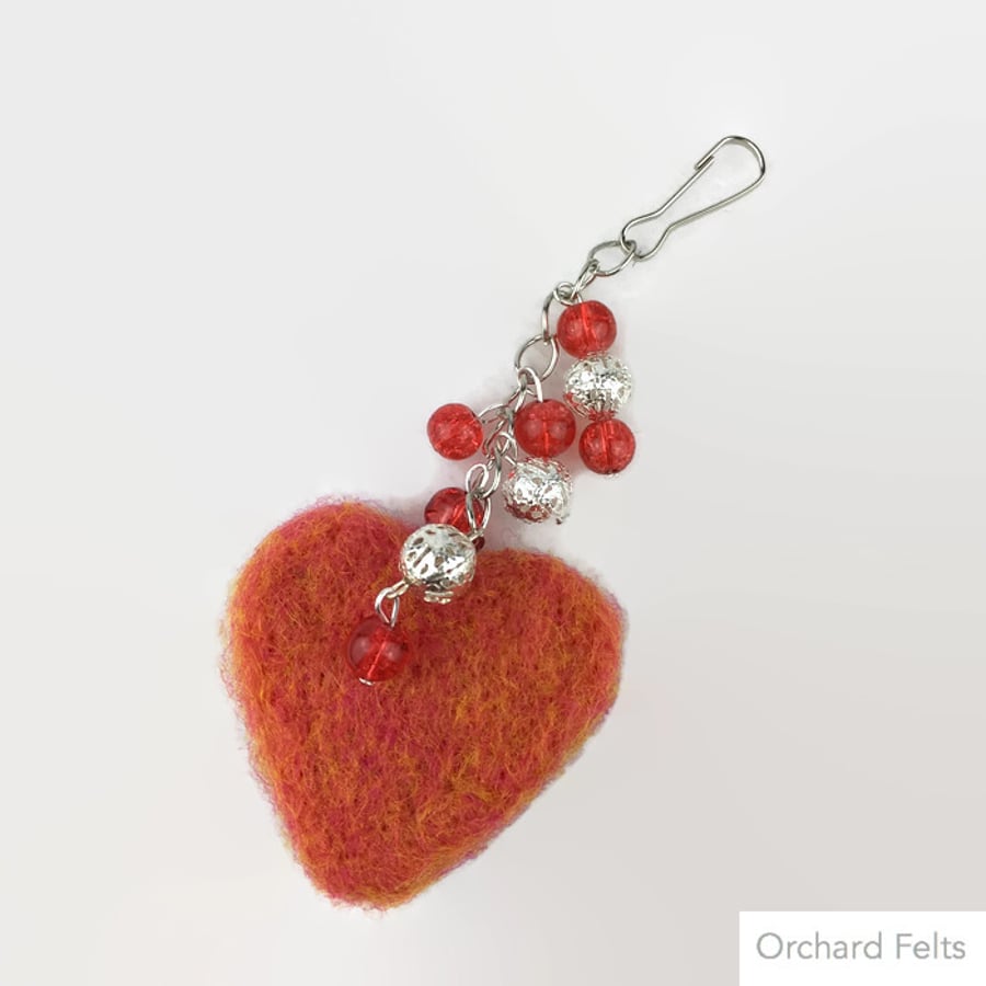 Orange needle felted heart bag charm with beading SALE