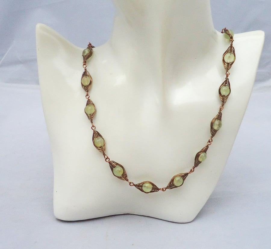 Herringbone Necklace, Wire Wrapped Green Quartz Necklace