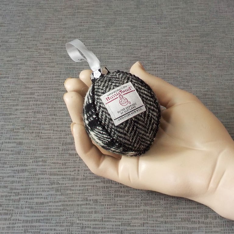 Harris tweed bauble Christmas tree decoration black and white fabric ornament