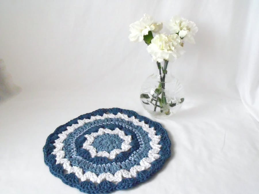 denim blue crocheted cotton doily, 9 inch  crochet mandala 