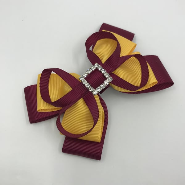 School Wine and Yellow Gold Layer Bow with Wine Loops on Clip