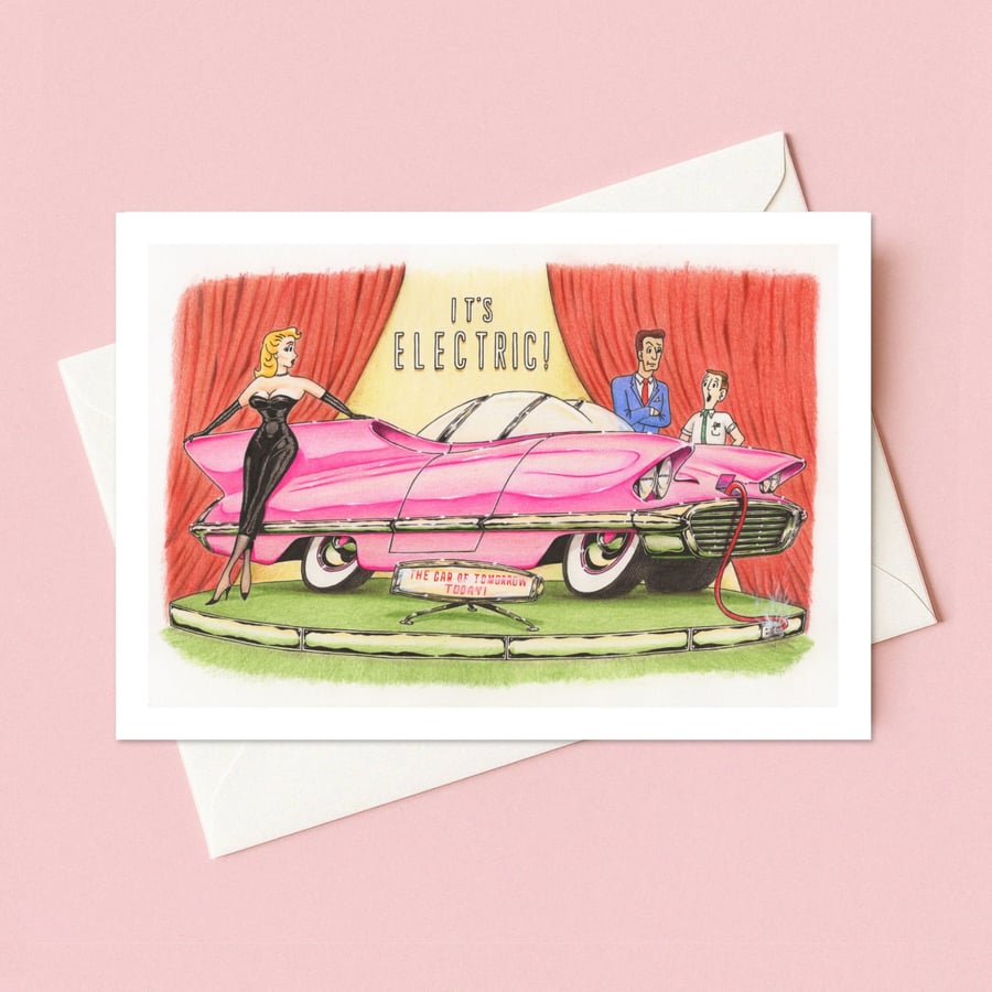 Retro Style Greeting Card: Hand Drawn Electric Car Cartoon (327)
