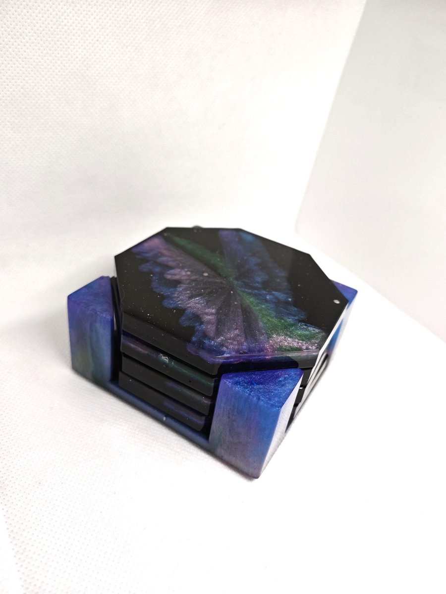 Galaxy Resin Coaster Set: Handmade Octagon Space Art - Set of 4